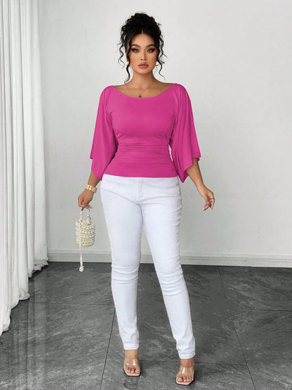 Elenzya Plus Size Women's Knitted High Stretch Bell Sleeve Round Neck Solid Color Elegant T-Shirt Fall