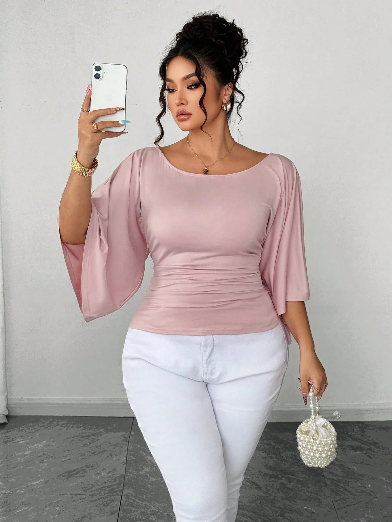 Elenzya Plus Size Women's Knitted High Stretch Bell Sleeve Round Neck Solid Color Elegant T-Shirt Fall