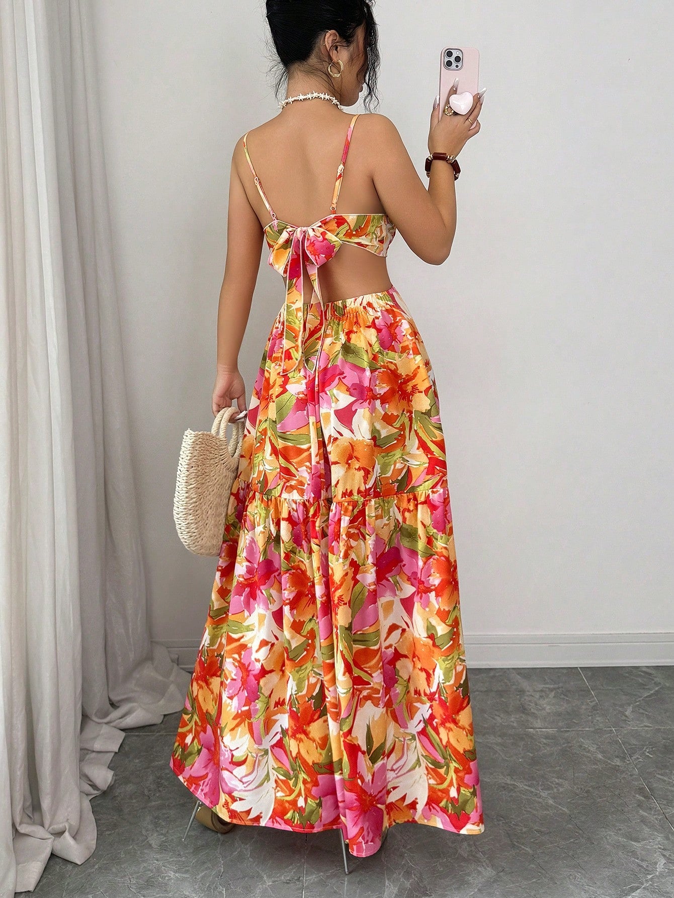 Elenzya Women's Floral Metal Hoop Hollow Backless Bow Tie Waist A-Line Midi Dress,Cream,Summer,Boho,Flowy,Holiday,Vacation,Holiday Elegant Date Fashion