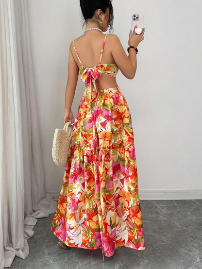 Elenzya Women's Floral Metal Hoop Hollow Backless Bow Tie Waist A-Line Midi Dress,Cream,Summer,Boho,Flowy,Holiday,Vacation,Holiday Elegant Date Fashion