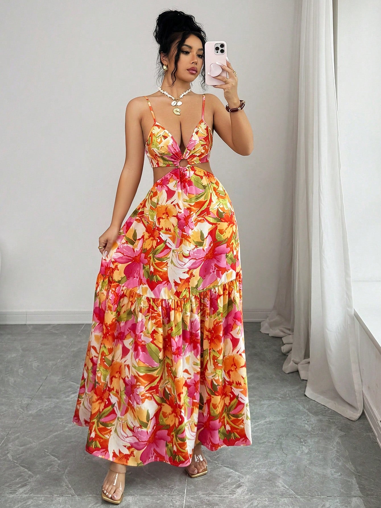 Elenzya Women's Floral Metal Hoop Hollow Backless Bow Tie Waist A-Line Midi Dress,Cream,Summer,Boho,Flowy,Holiday,Vacation,Holiday Elegant Date Fashion