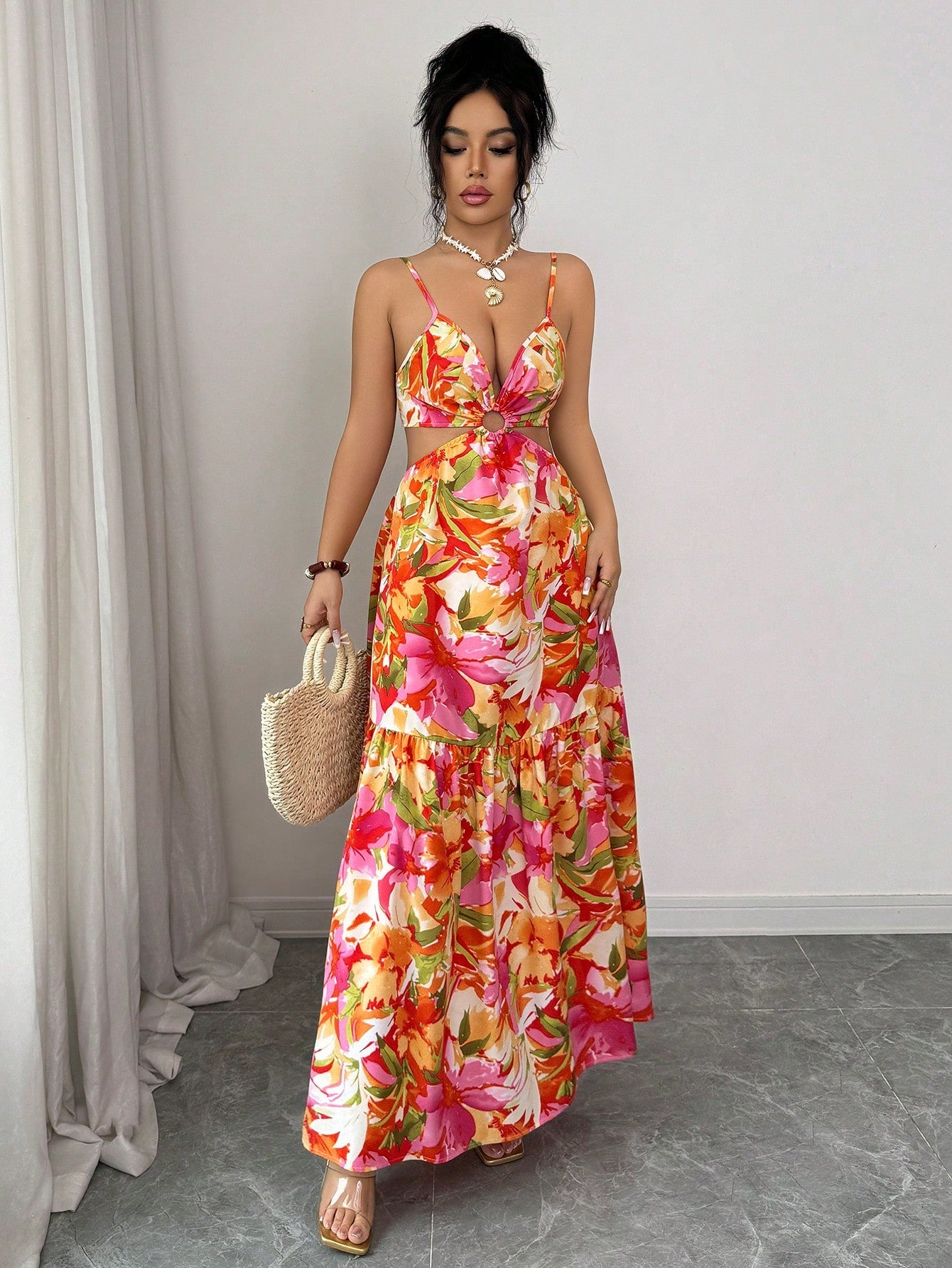Elenzya Women's Floral Metal Hoop Hollow Backless Bow Tie Waist A-Line Midi Dress,Cream,Summer,Boho,Flowy,Holiday,Vacation,Holiday Elegant Date Fashion