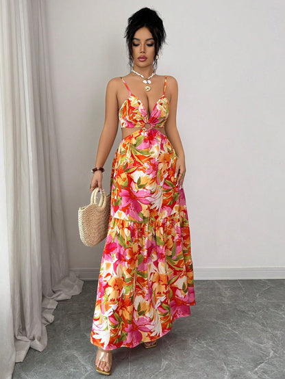 Elenzya Women's Floral Metal Hoop Hollow Backless Bow Tie Waist A-Line Midi Dress,Cream,Summer,Boho,Flowy,Holiday,Vacation,Holiday Elegant Date Fashion