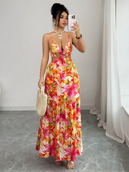 Elenzya Women's Floral Metal Hoop Hollow Backless Bow Tie Waist A-Line Midi Dress,Cream,Summer,Boho,Flowy,Holiday,Vacation,Holiday Elegant Date Fashion