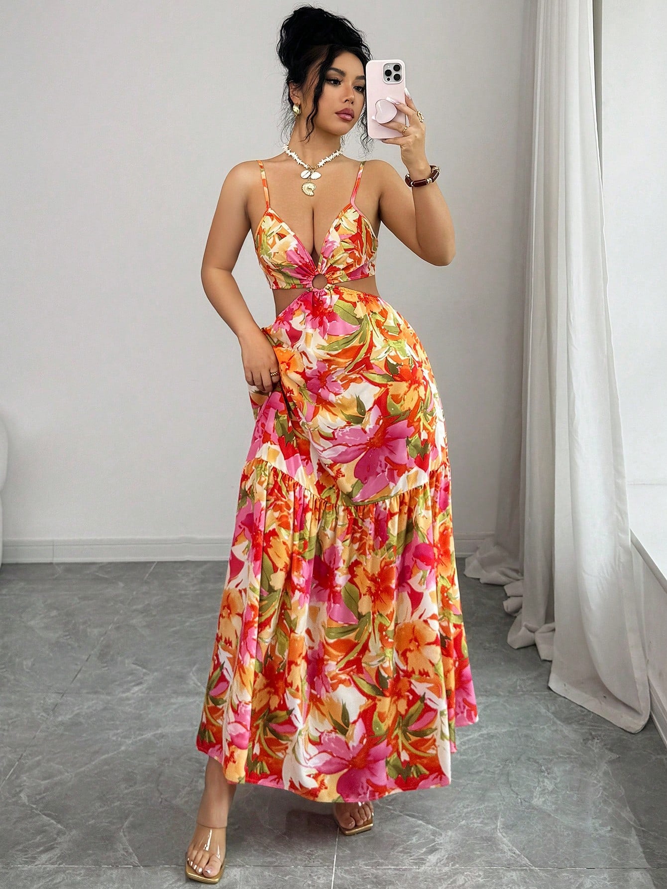 Elenzya Women's Floral Metal Hoop Hollow Backless Bow Tie Waist A-Line Midi Dress,Cream,Summer,Boho,Flowy,Holiday,Vacation,Holiday Elegant Date Fashion