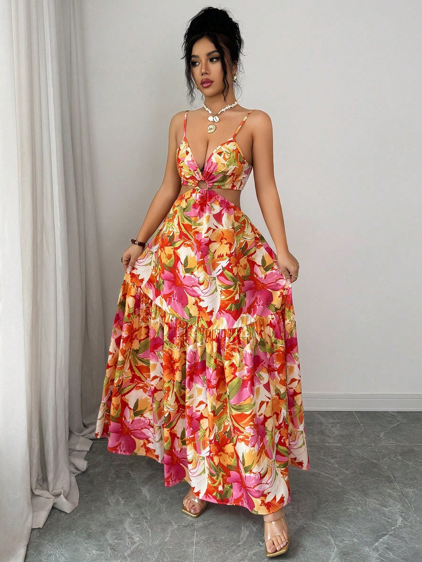 Elenzya Women's Floral Metal Hoop Hollow Backless Bow Tie Waist A-Line Midi Dress,Cream,Summer,Boho,Flowy,Holiday,Vacation,Holiday Elegant Date Fashion