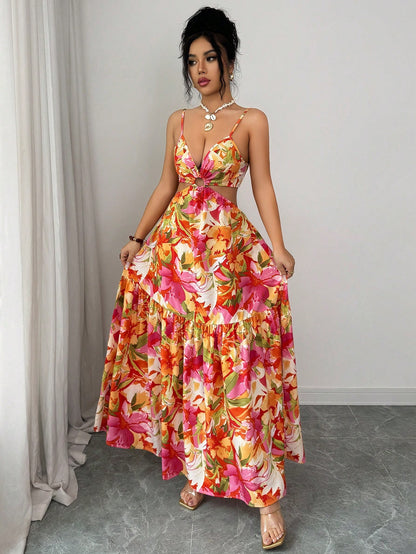 Elenzya Women's Floral Metal Hoop Hollow Backless Bow Tie Waist A-Line Midi Dress,Cream,Summer,Boho,Flowy,Holiday,Vacation,Holiday Elegant Date Fashion