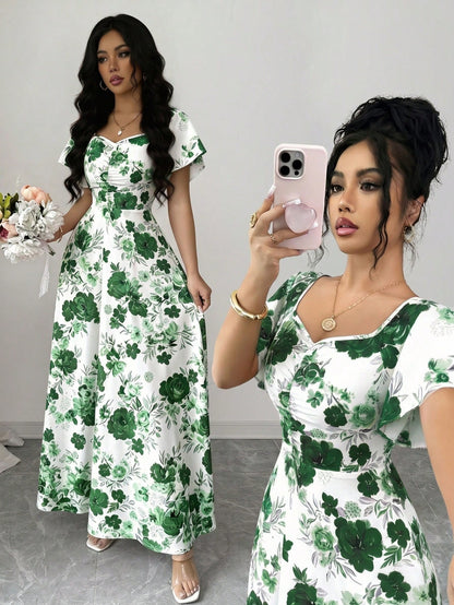 Elenzya Women's White Floral Summer Elegant Wedding Guest Rose Ditsy Floral Ruched Front Ruffle Sleeve A-Line Maxi Dress,Casual Vacation Fashion Retro