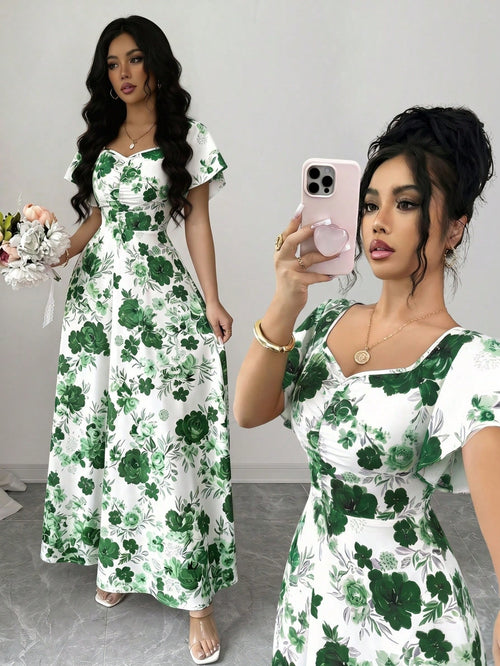 Elenzya Women's White Floral Summer Elegant Wedding Guest Rose Ditsy Floral Ruched Front Ruffle Sleeve A-Line Maxi Dress,Casual Vacation Fashion Retro