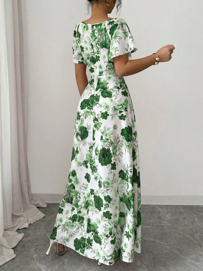Elenzya Women's White Floral Summer Elegant Wedding Guest Rose Ditsy Floral Ruched Front Ruffle Sleeve A-Line Maxi Dress,Casual Vacation Fashion Retro