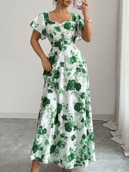 Elenzya Women's White Floral Summer Elegant Wedding Guest Rose Ditsy Floral Ruched Front Ruffle Sleeve A-Line Maxi Dress,Casual Vacation Fashion Retro