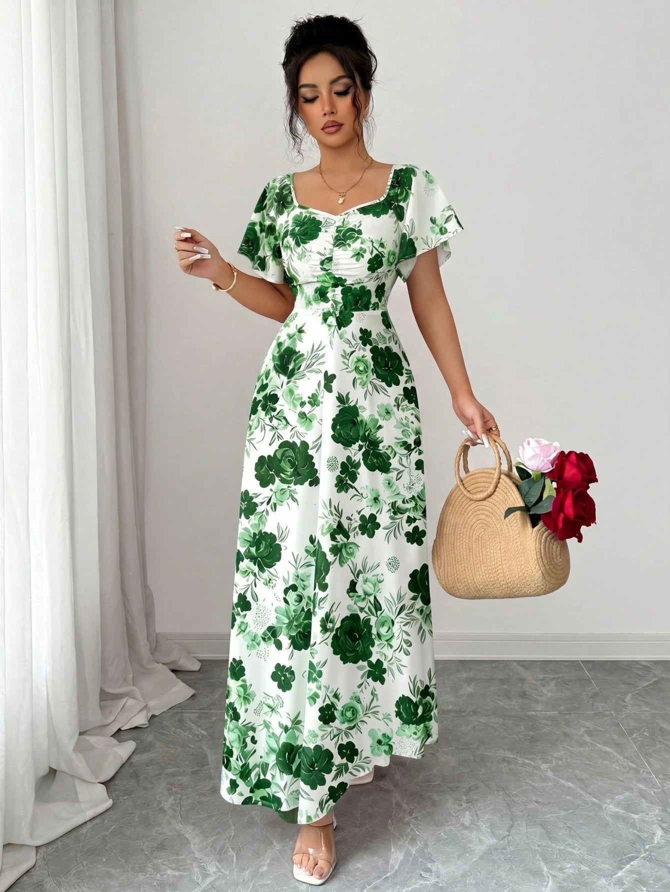 Elenzya Women's White Floral Summer Elegant Wedding Guest Rose Ditsy Floral Ruched Front Ruffle Sleeve A-Line Maxi Dress,Casual Vacation Fashion Retro