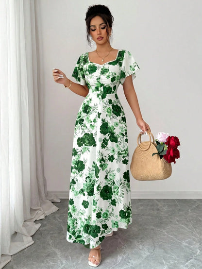 Elenzya Women's White Floral Summer Elegant Wedding Guest Rose Ditsy Floral Ruched Front Ruffle Sleeve A-Line Maxi Dress,Casual Vacation Fashion Retro