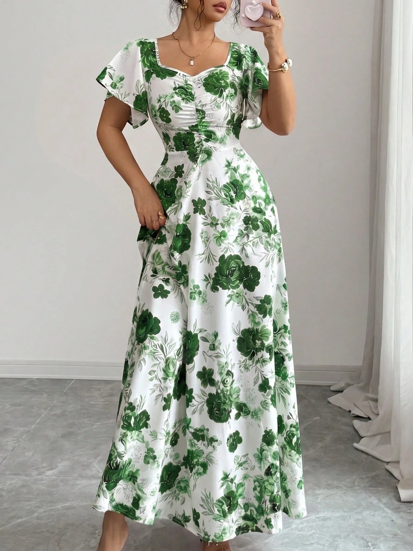 Elenzya Women's White Floral Summer Elegant Wedding Guest Rose Ditsy Floral Ruched Front Ruffle Sleeve A-Line Maxi Dress,Casual Vacation Fashion Retro