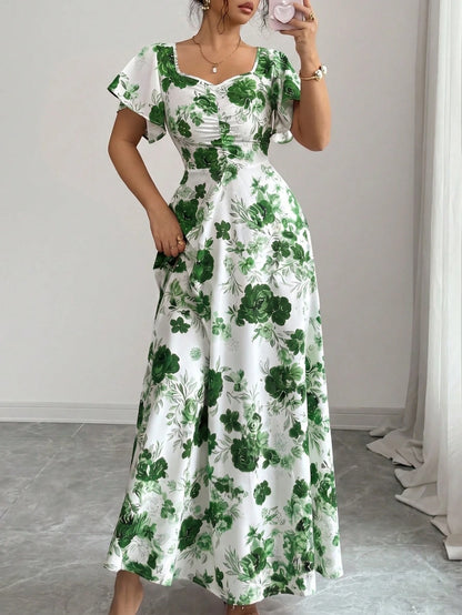 Elenzya Women's White Floral Summer Elegant Wedding Guest Rose Ditsy Floral Ruched Front Ruffle Sleeve A-Line Maxi Dress,Casual Vacation Fashion Retro