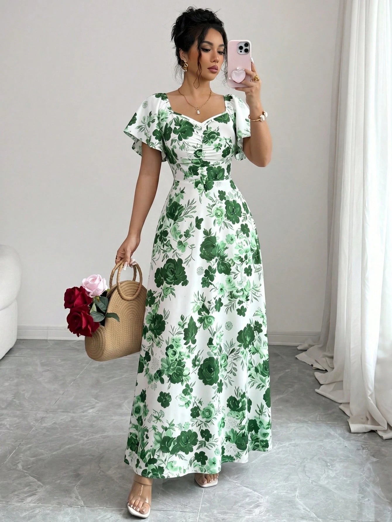 Elenzya Women's White Floral Summer Elegant Wedding Guest Rose Ditsy Floral Ruched Front Ruffle Sleeve A-Line Maxi Dress,Casual Vacation Fashion Retro