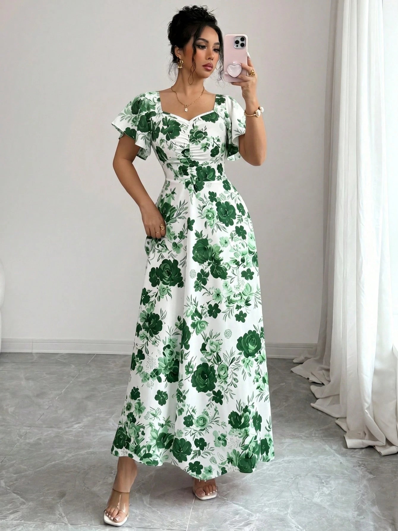 Elenzya Women's White Floral Summer Elegant Wedding Guest Rose Ditsy Floral Ruched Front Ruffle Sleeve A-Line Maxi Dress,Casual Vacation Fashion Retro