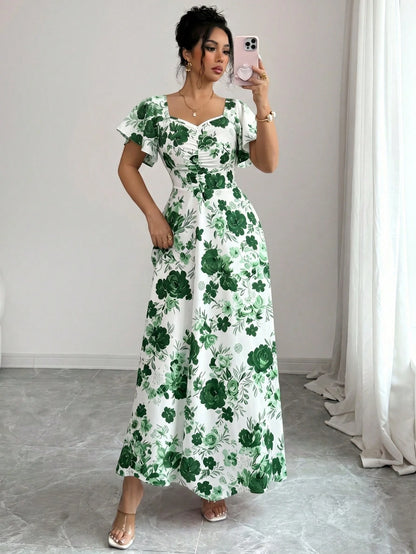 Elenzya Women's White Floral Summer Elegant Wedding Guest Rose Ditsy Floral Ruched Front Ruffle Sleeve A-Line Maxi Dress,Casual Vacation Fashion Retro