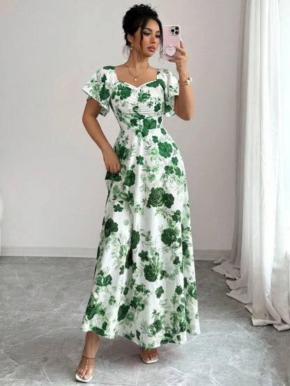 Elenzya Women's White Floral Summer Elegant Wedding Guest Rose Ditsy Floral Ruched Front Ruffle Sleeve A-Line Maxi Dress,Casual Vacation Fashion Retro