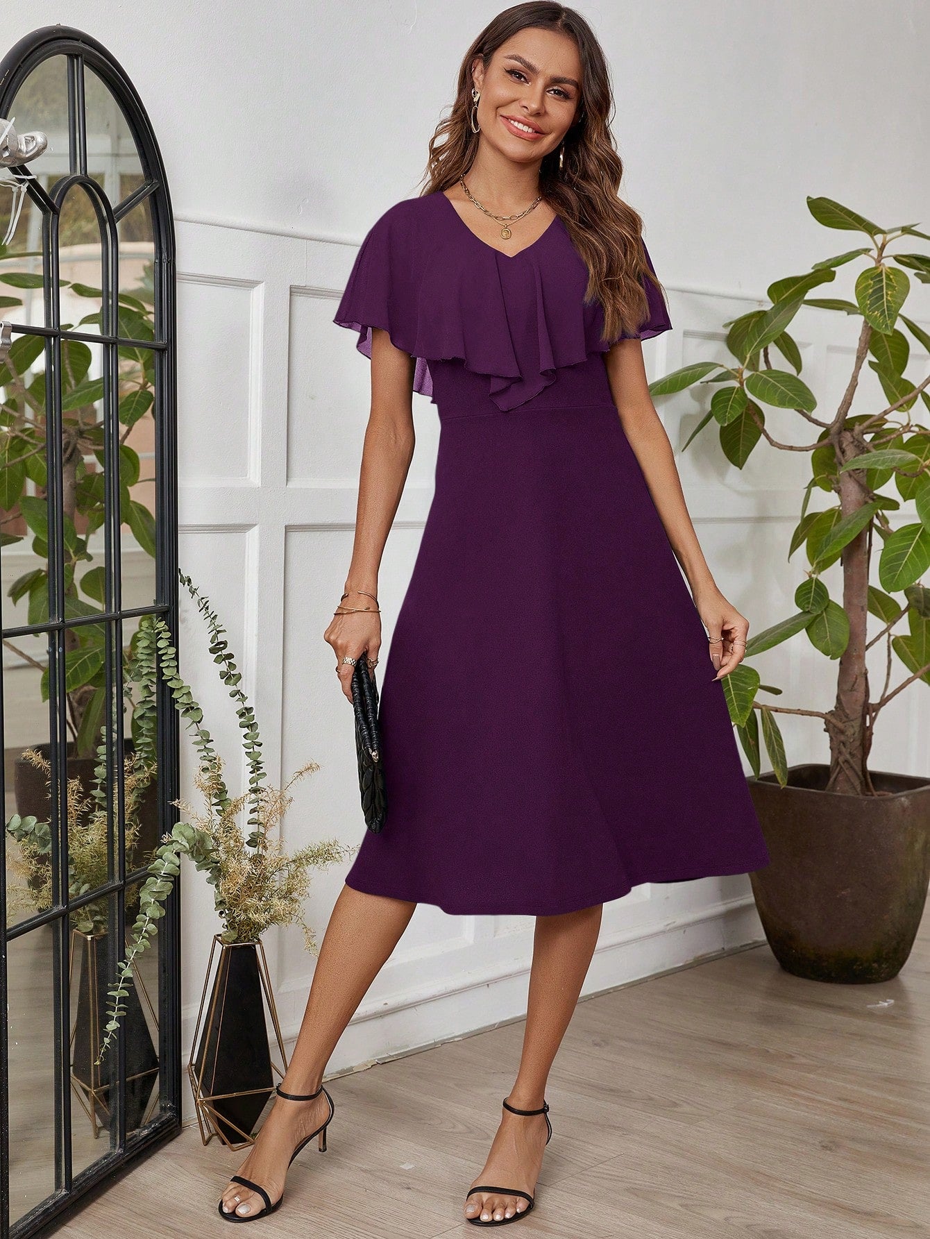 Ellevyn Ladies' Mid-Length Green Dress With Ruffle Hemline