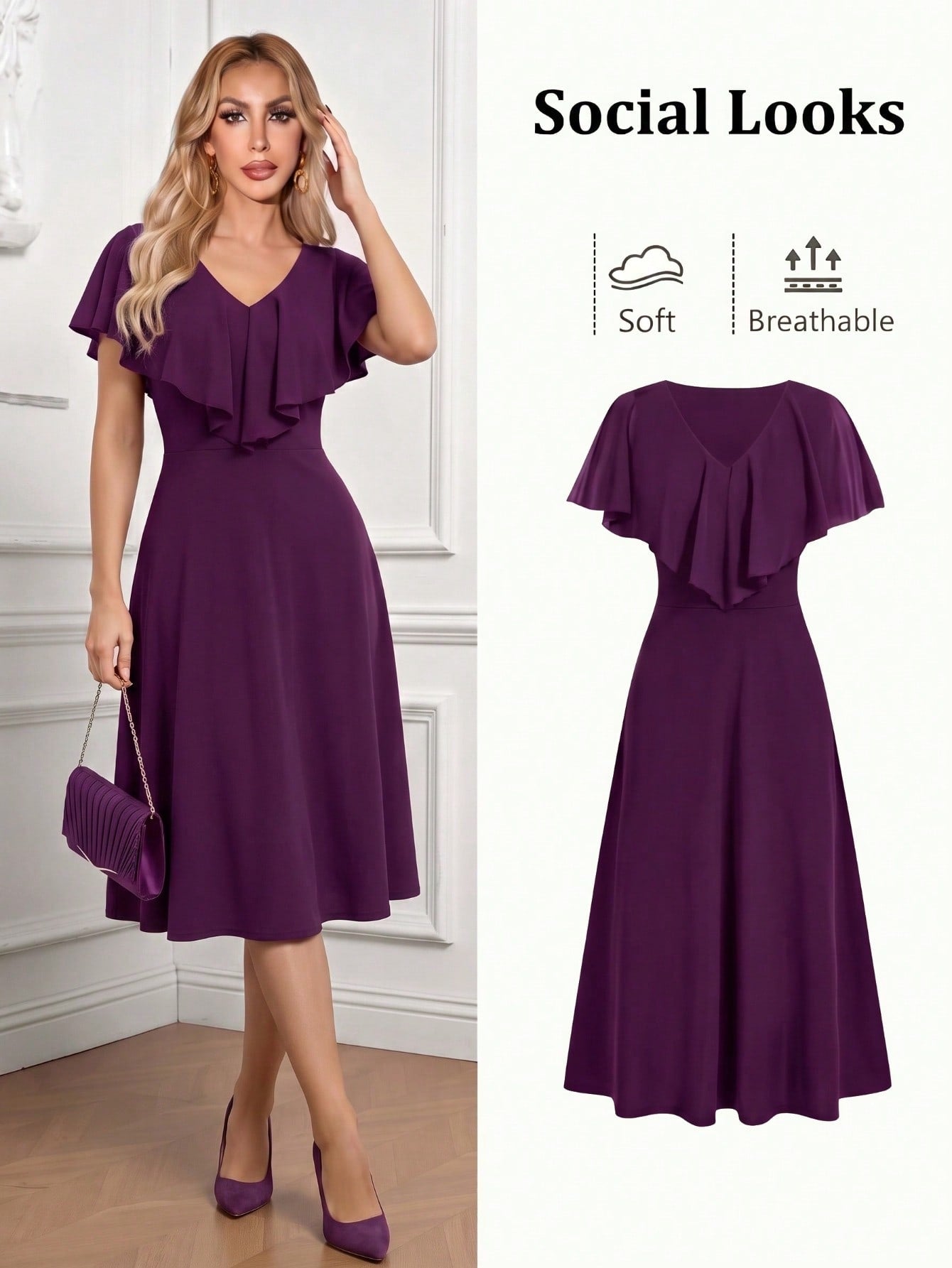 Ellevyn Ladies' Mid-Length Green Dress With Ruffle Hemline