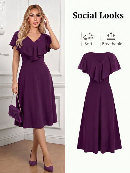 Ellevyn Ladies' Mid-Length Green Dress With Ruffle Hemline
