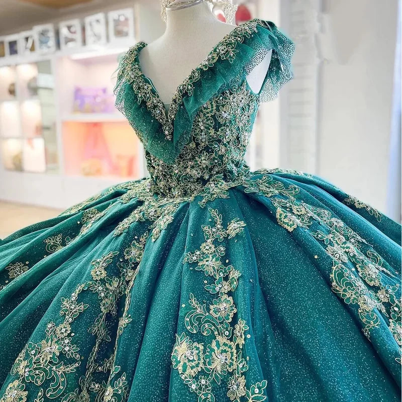 Emerald Green Red Quinceanera Dresses Off Shoulder Gold Lace Sweet 16 Ball Gowns, AST1324