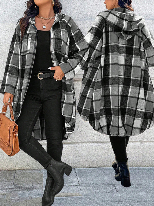 EMERY ROSE 1pc Women's Long Plaid Print Raglan Sleeve Front Zip Up Hooded Coat Fall Winter Cloth For Women Autumn