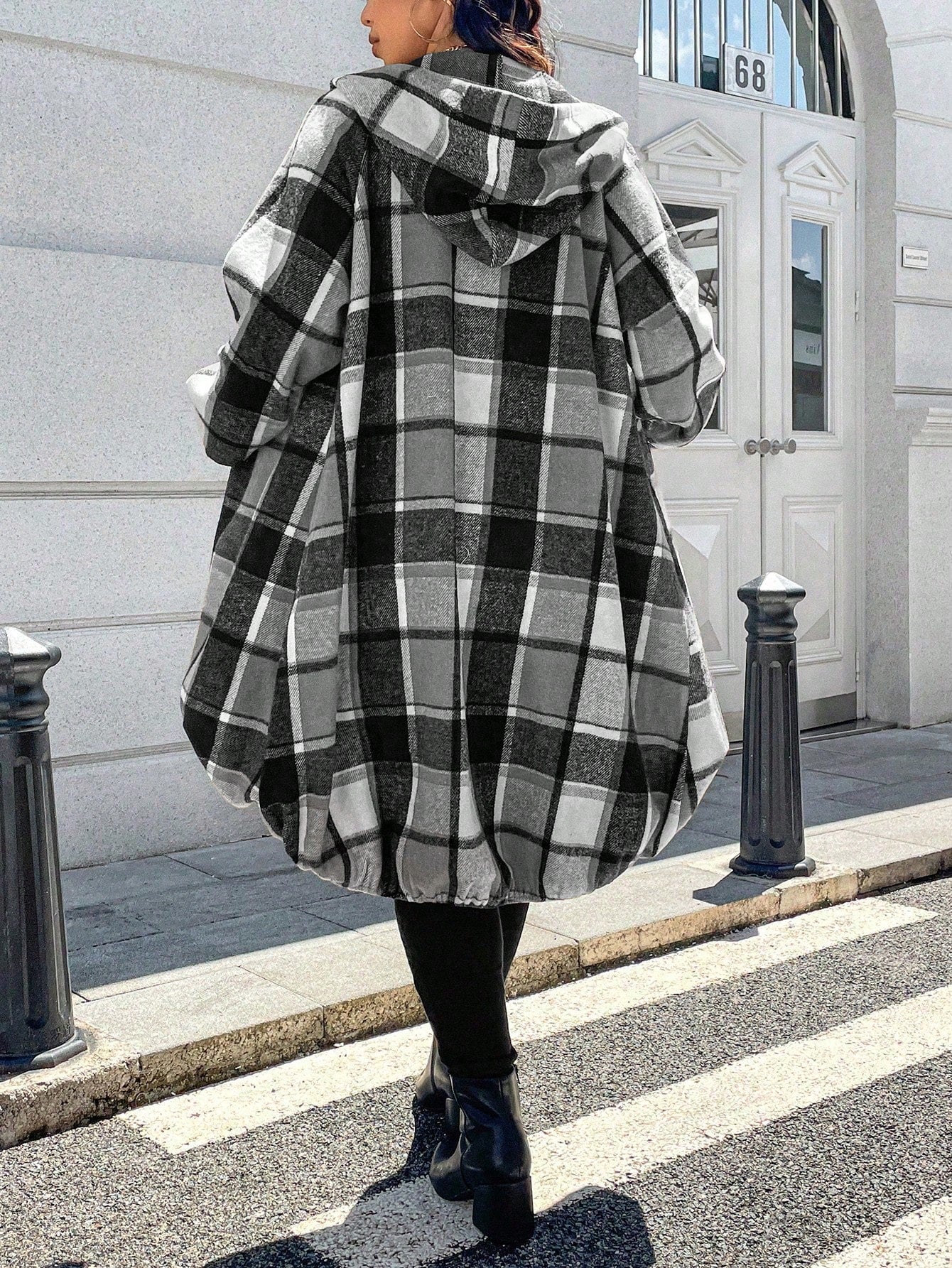 EMERY ROSE 1pc Women's Long Plaid Print Raglan Sleeve Front Zip Up Hooded Coat Fall Winter Cloth For Women Autumn