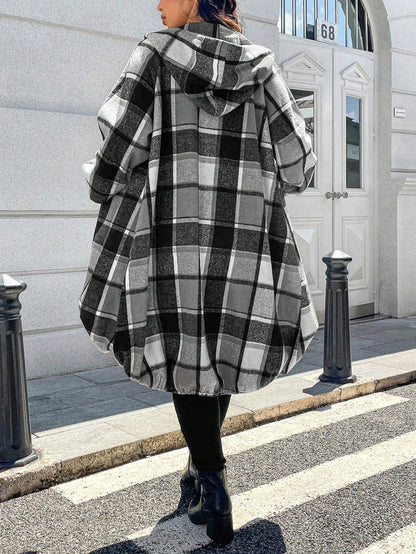 EMERY ROSE 1pc Women's Long Plaid Print Raglan Sleeve Front Zip Up Hooded Coat Fall Winter Cloth For Women Autumn