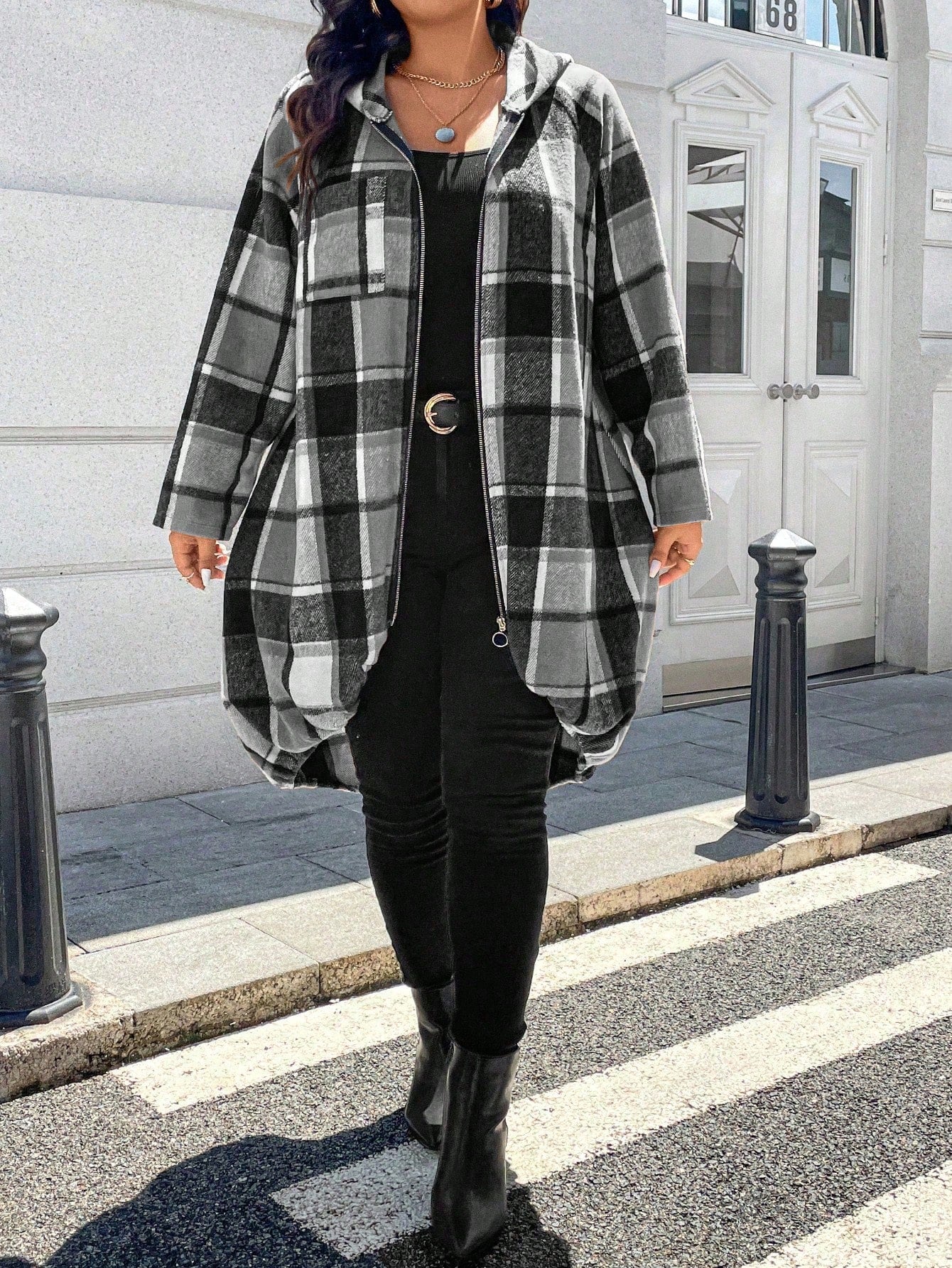 EMERY ROSE 1pc Women's Long Plaid Print Raglan Sleeve Front Zip Up Hooded Coat Fall Winter Cloth For Women Autumn