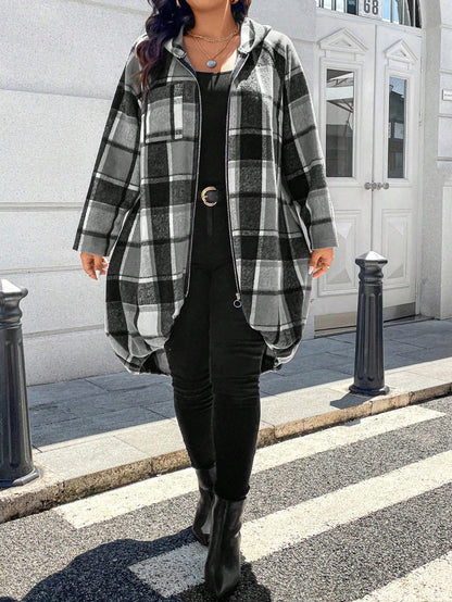 EMERY ROSE 1pc Women's Long Plaid Print Raglan Sleeve Front Zip Up Hooded Coat Fall Winter Cloth For Women Autumn