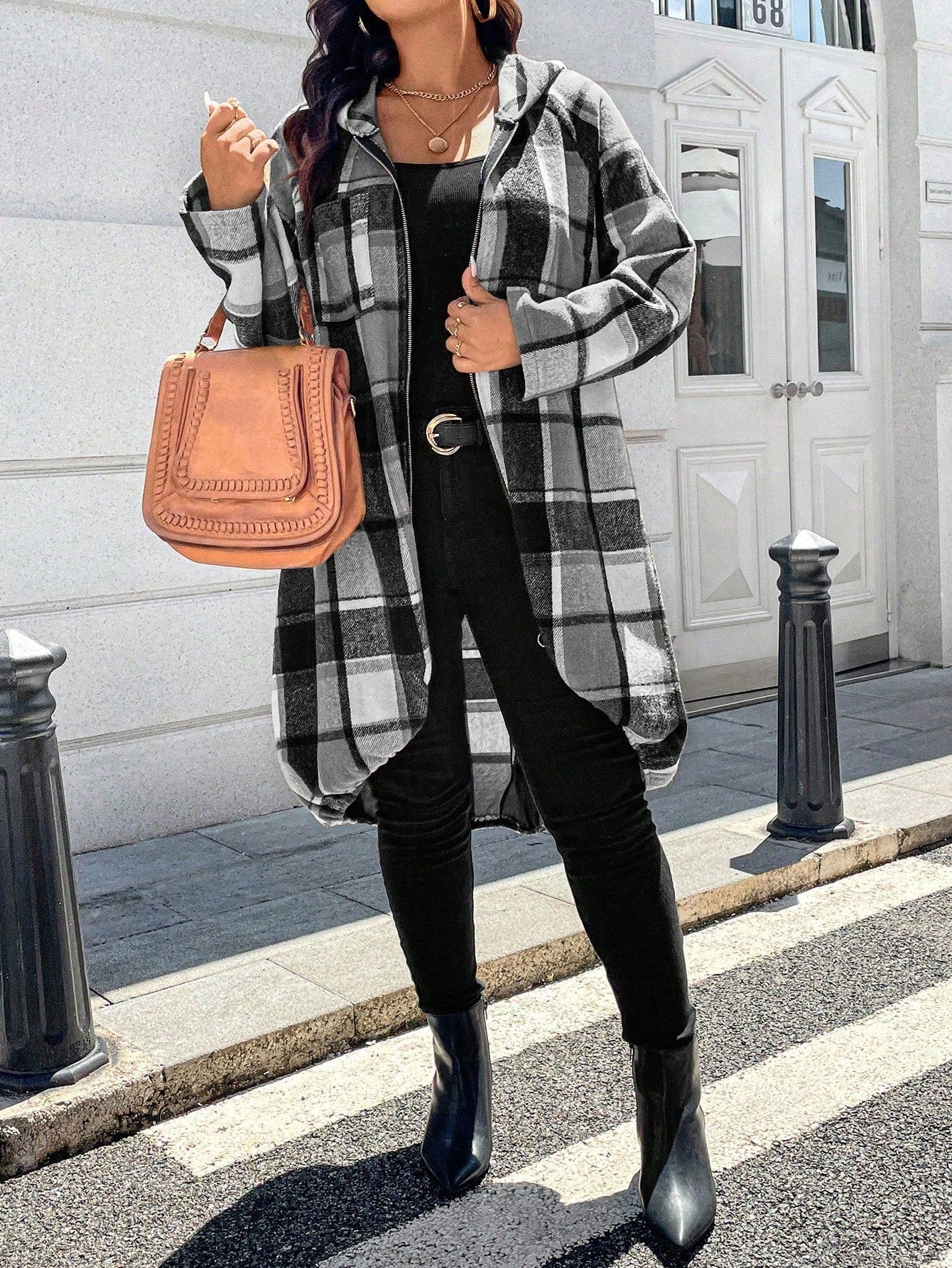 EMERY ROSE 1pc Women's Long Plaid Print Raglan Sleeve Front Zip Up Hooded Coat Fall Winter Cloth For Women Autumn