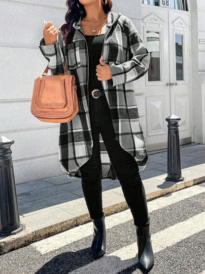 EMERY ROSE 1pc Women's Long Plaid Print Raglan Sleeve Front Zip Up Hooded Coat Fall Winter Cloth For Women Autumn