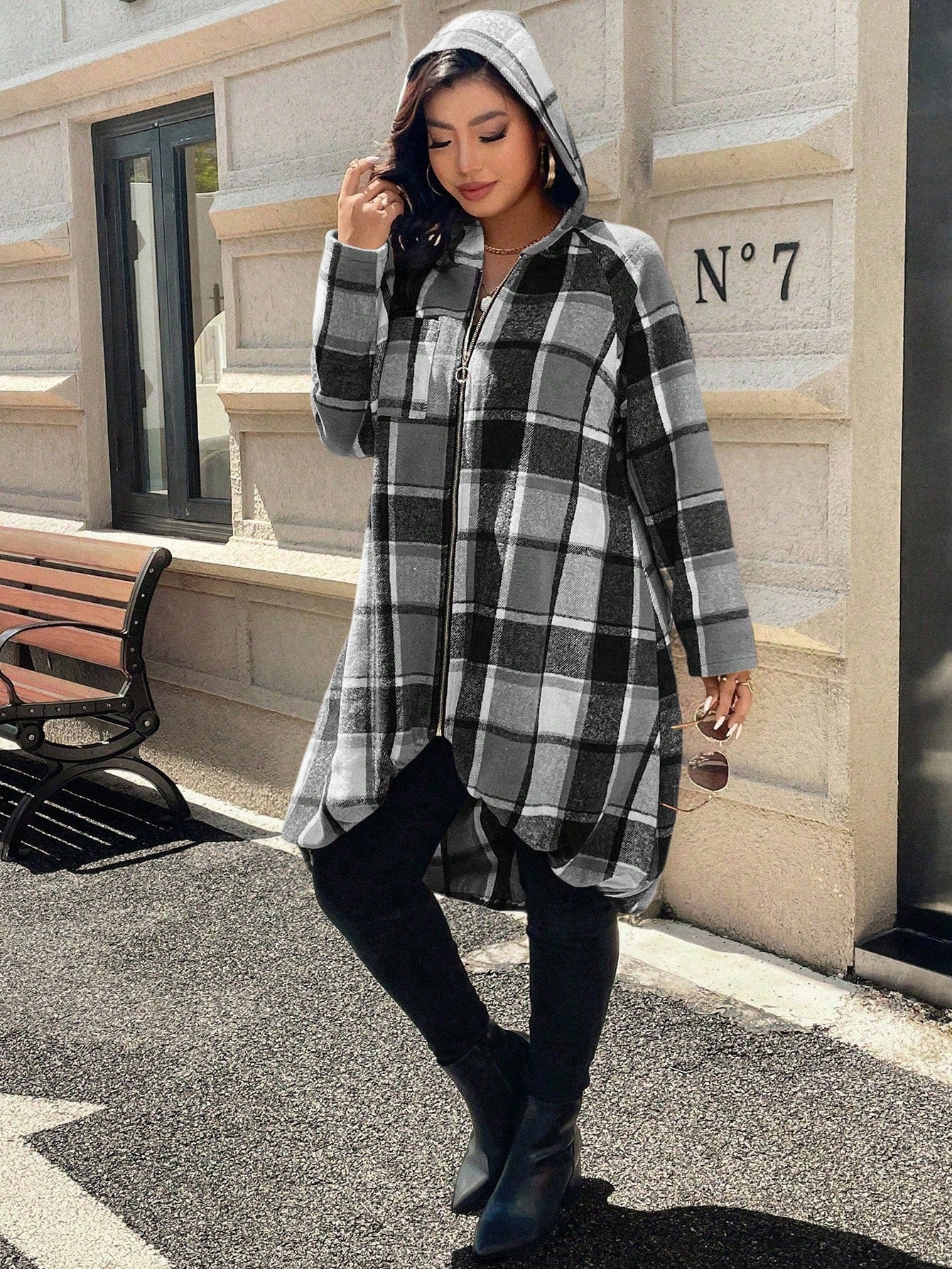 EMERY ROSE 1pc Women's Long Plaid Print Raglan Sleeve Front Zip Up Hooded Coat Fall Winter Cloth For Women Autumn