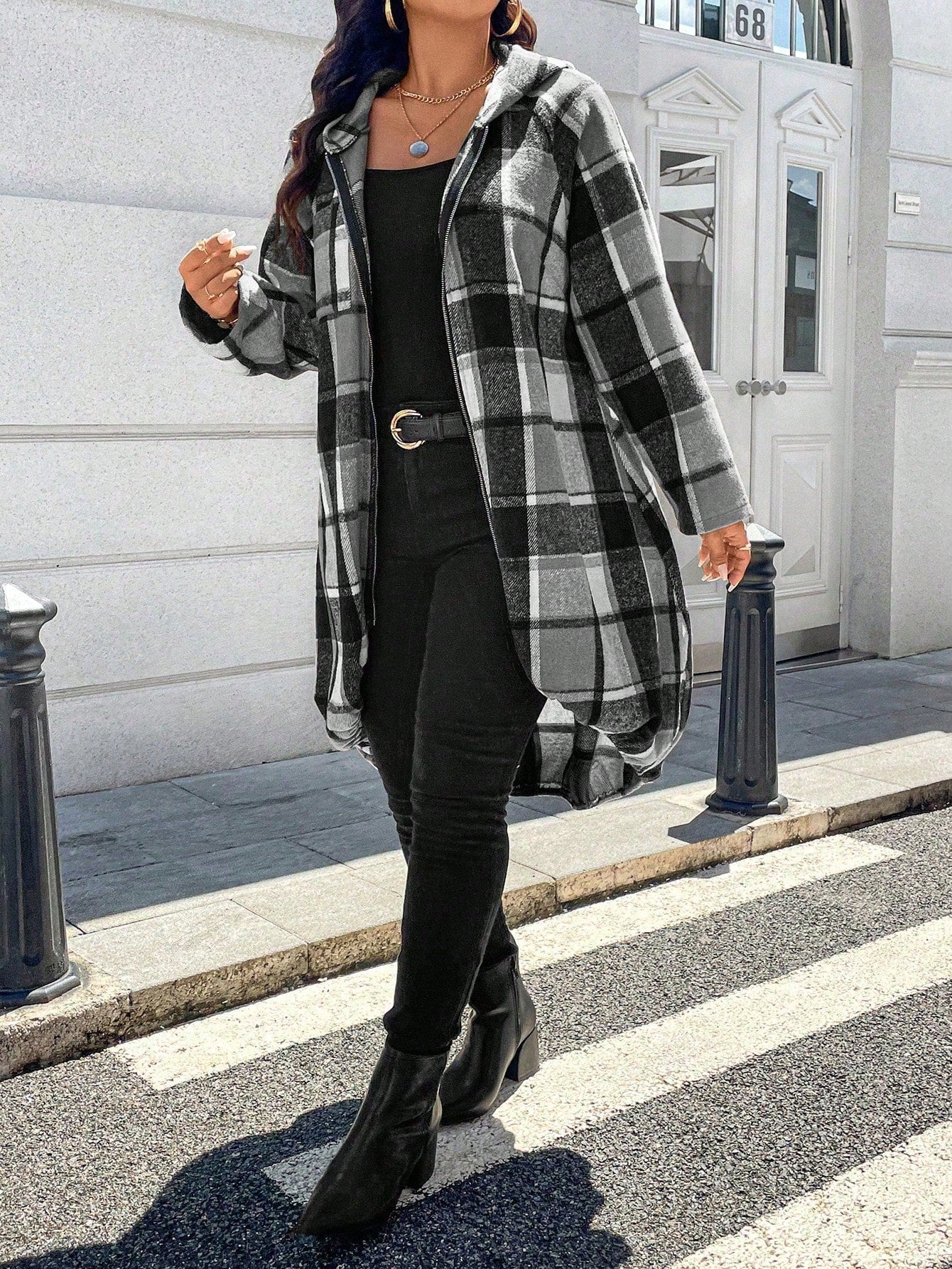 EMERY ROSE 1pc Women's Long Plaid Print Raglan Sleeve Front Zip Up Hooded Coat Fall Winter Cloth For Women Autumn