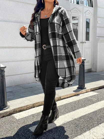 EMERY ROSE 1pc Women's Long Plaid Print Raglan Sleeve Front Zip Up Hooded Coat Fall Winter Cloth For Women Autumn