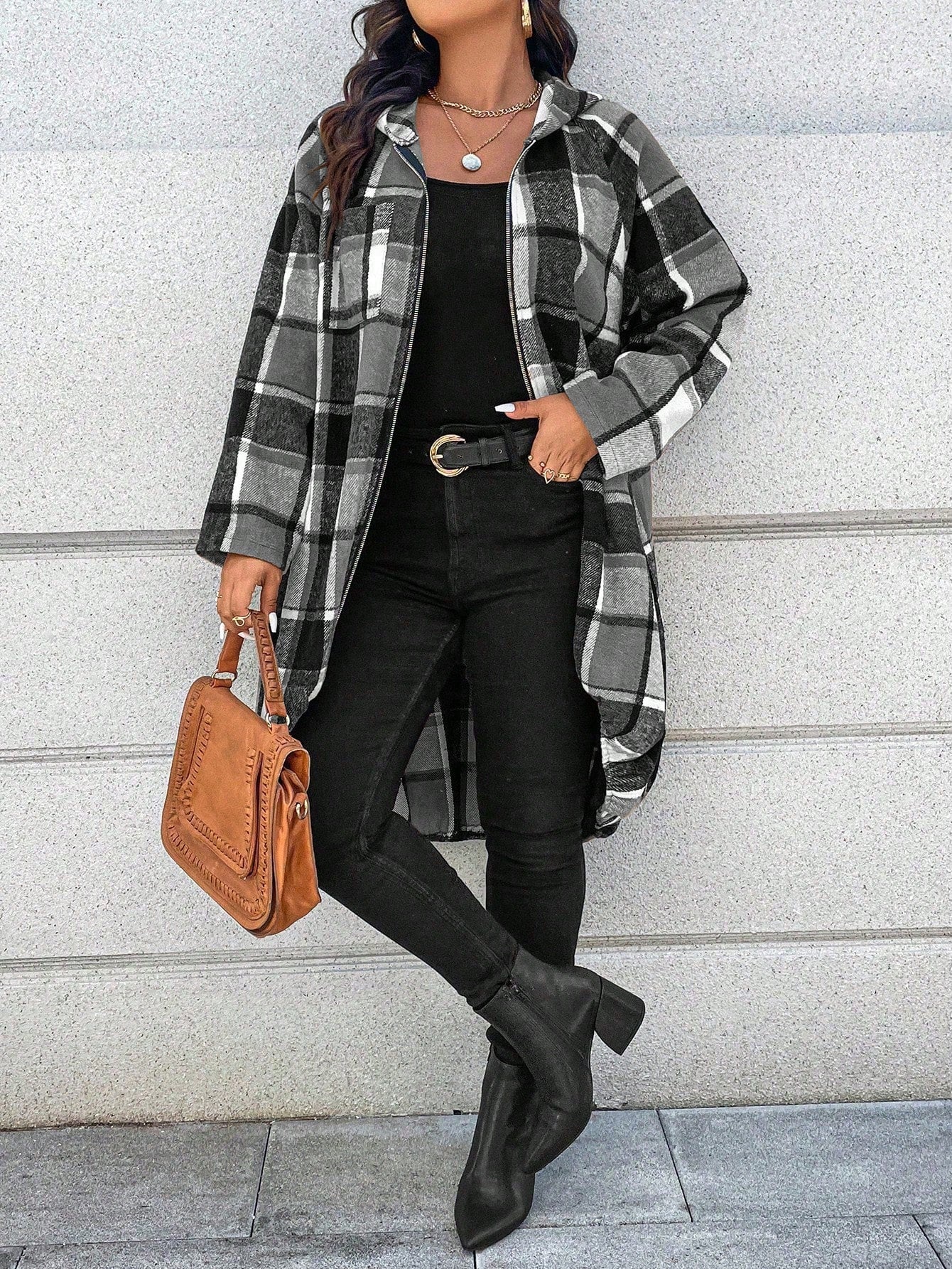 EMERY ROSE 1pc Women's Long Plaid Print Raglan Sleeve Front Zip Up Hooded Coat Fall Winter Cloth For Women Autumn