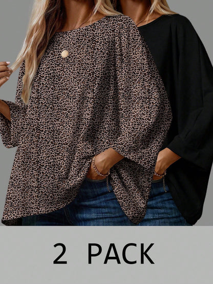 EMERY ROSE 2pcs Plus Size Casual T-Shirts Suitable For Summer, Leopard Print T-Shirt, Polka Dot Pattern Black T-Shirt, Vacation Leisure Fall
