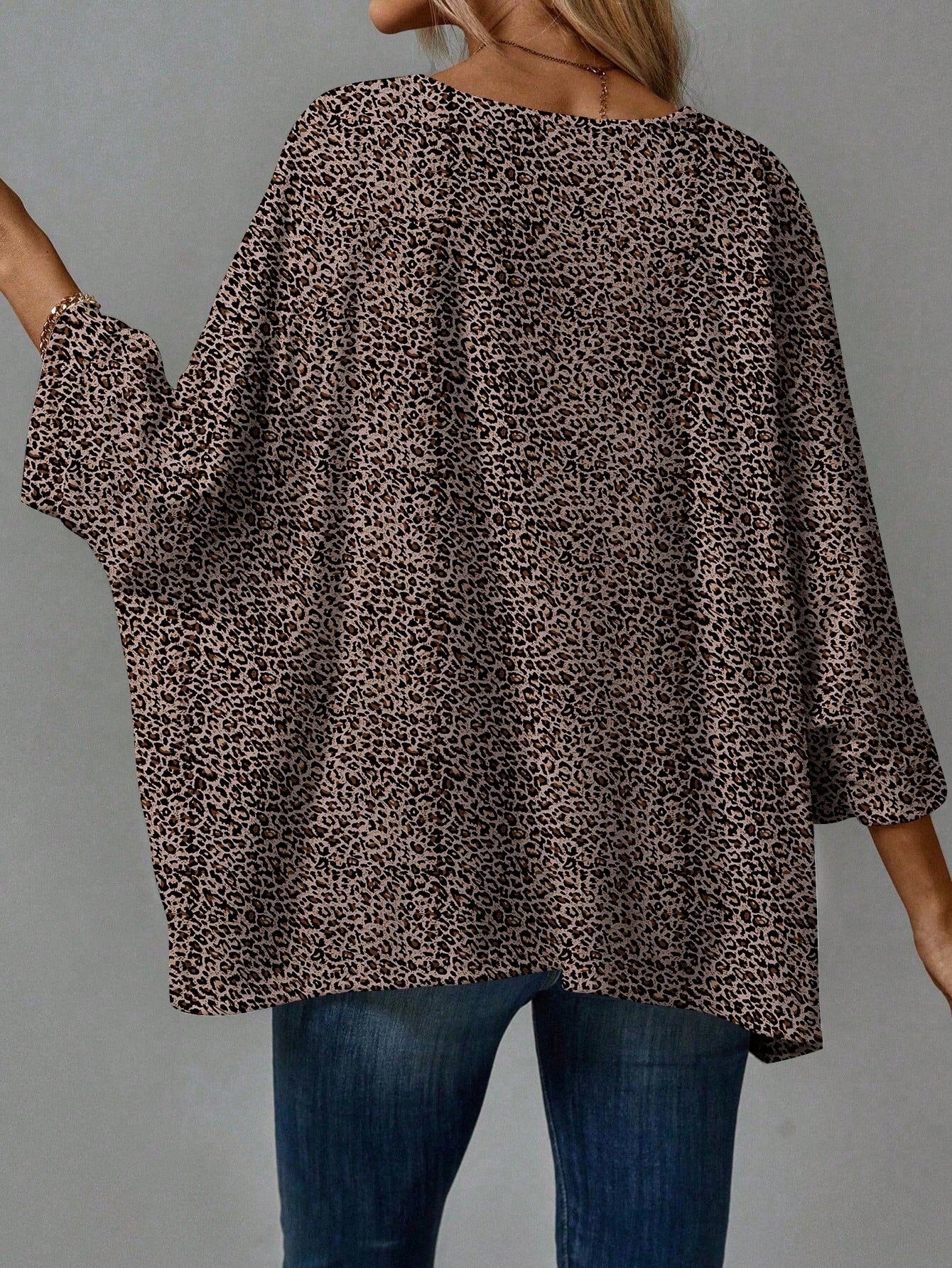 EMERY ROSE 2pcs Plus Size Casual T-Shirts Suitable For Summer, Leopard Print T-Shirt, Polka Dot Pattern Black T-Shirt, Vacation Leisure Fall