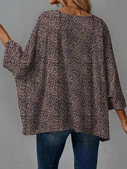 EMERY ROSE 2pcs Plus Size Casual T-Shirts Suitable For Summer, Leopard Print T-Shirt, Polka Dot Pattern Black T-Shirt, Vacation Leisure Fall