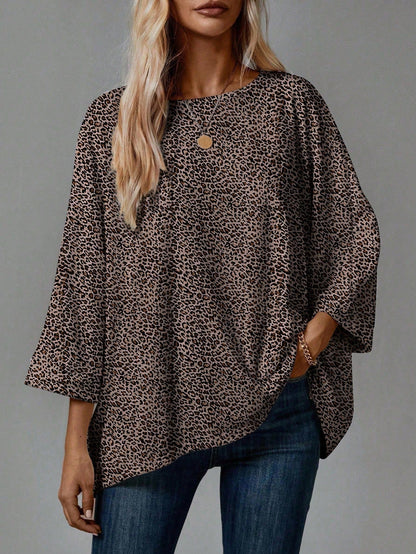 EMERY ROSE 2pcs Plus Size Casual T-Shirts Suitable For Summer, Leopard Print T-Shirt, Polka Dot Pattern Black T-Shirt, Vacation Leisure Fall