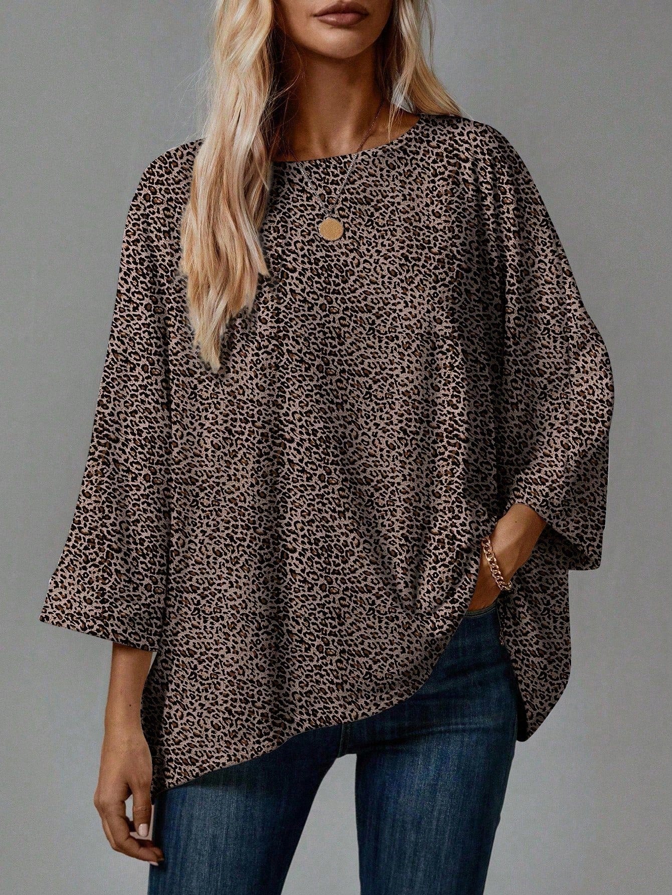 EMERY ROSE 2pcs Plus Size Casual T-Shirts Suitable For Summer, Leopard Print T-Shirt, Polka Dot Pattern Black T-Shirt, Vacation Leisure Fall