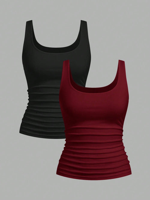 EMERY ROSE 2pcs Plus Size Women Vacation Casual Black & Burgundy Scoop Neck Ruched Waist Bodycon Tank Top Set, Suitable For Daily Wear, Versatile, Y2K