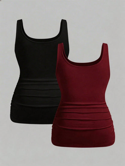 EMERY ROSE 2pcs Plus Size Women Vacation Casual Black & Burgundy Scoop Neck Ruched Waist Bodycon Tank Top Set, Suitable For Daily Wear, Versatile, Y2K