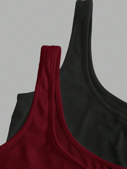 EMERY ROSE 2pcs Plus Size Women Vacation Casual Black & Burgundy Scoop Neck Ruched Waist Bodycon Tank Top Set, Suitable For Daily Wear, Versatile, Y2K