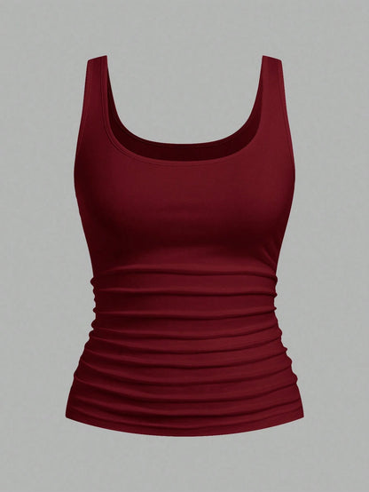 EMERY ROSE 2pcs Plus Size Women Vacation Casual Black & Burgundy Scoop Neck Ruched Waist Bodycon Tank Top Set, Suitable For Daily Wear, Versatile, Y2K