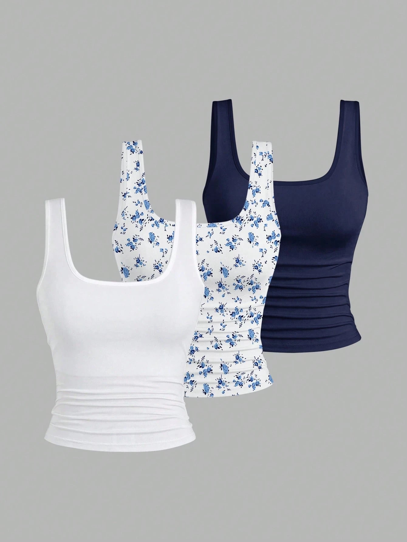 EMERY ROSE 3 Pack Plus Size Women Summer Casual Tank Top Set,Fashion Printed Round Neck Fitted Tops,Everyday Blue And White Floral And Solid Sleeveless Tops