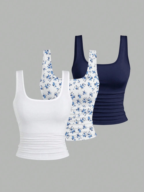 EMERY ROSE 3 Pack Plus Size Women Summer Casual Tank Top Set,Fashion Printed Round Neck Fitted Tops,Everyday Blue And White Floral And Solid Sleeveless Tops