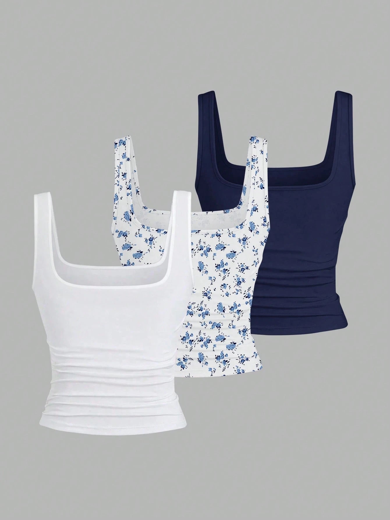 EMERY ROSE 3 Pack Plus Size Women Summer Casual Tank Top Set,Fashion Printed Round Neck Fitted Tops,Everyday Blue And White Floral And Solid Sleeveless Tops